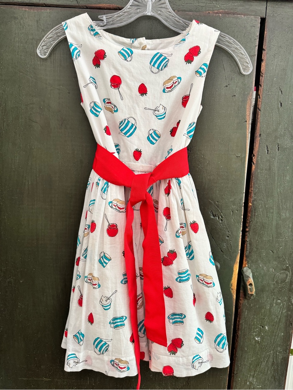 Girl’s White Cotton Dress with Red Sash belt & Teacup, Strawberry & More. ☕️🍓🍰🍔